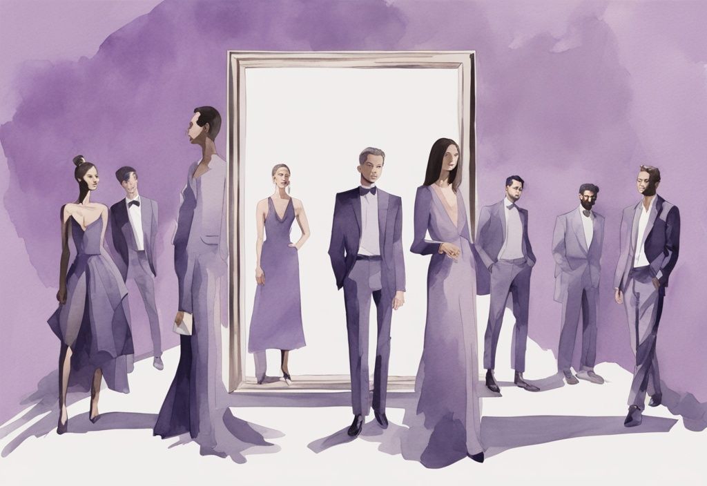 Minimalistic watercolor illustration of celebrities in self-admiring poses before mirror-like surfaces, with a lavender color theme.