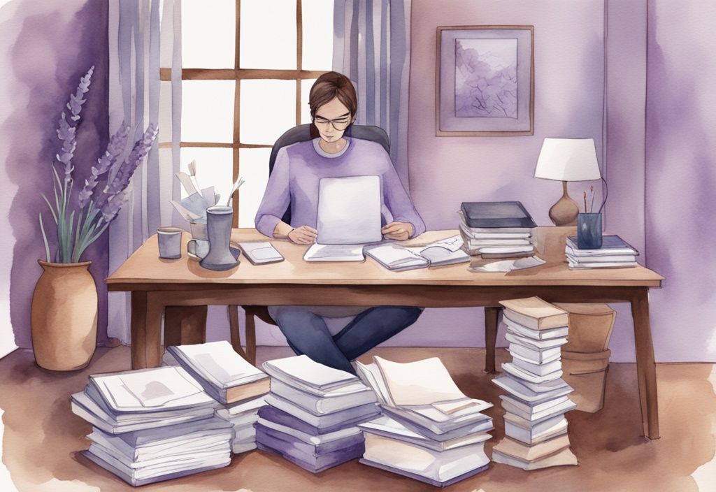 Minimalistic watercolor illustration of individual at desk with legal paperwork, family photo, and self-help books on narcissism, in calming lavender tones