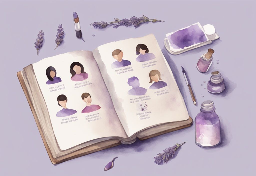 Minimalistic watercolor illustration with lavender theme, featuring 20 symptoms of narcissistic victim syndrome icons in a semi-round infographic style on an open book.