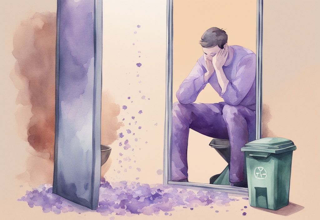 Minimalistic watercolor illustration of a narcissist discarding a photo of a loved one while admiring his reflection in the mirror, lavender color theme.