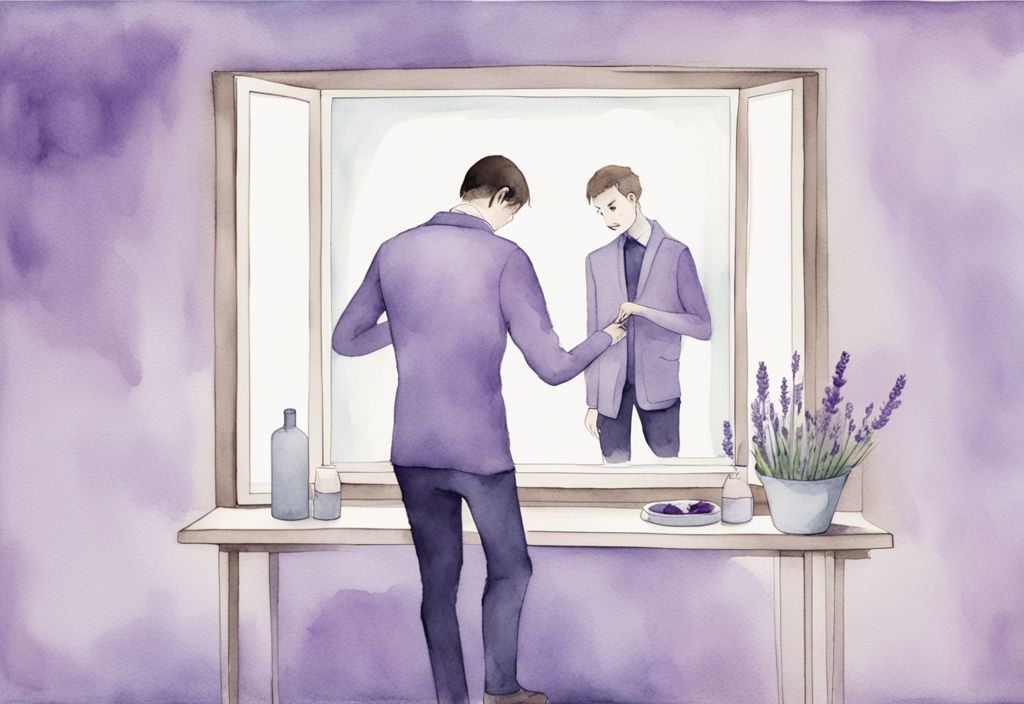 Minimalistic lavender watercolor illustration of a man admiring himself in a mirror, unaware of puppeteer's strings manipulating a narcissist.