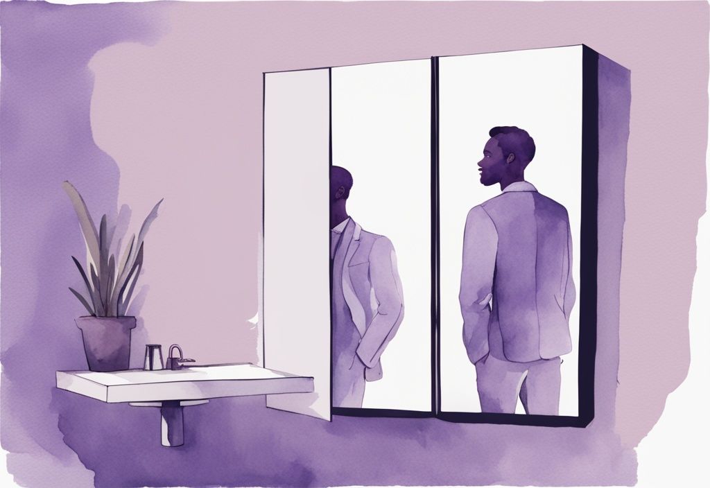 Minimalistic watercolor illustration of an overt narcissist, a flamboyant man admiring his own reflection with a smug smile in front of a mirror, main color theme lavender.