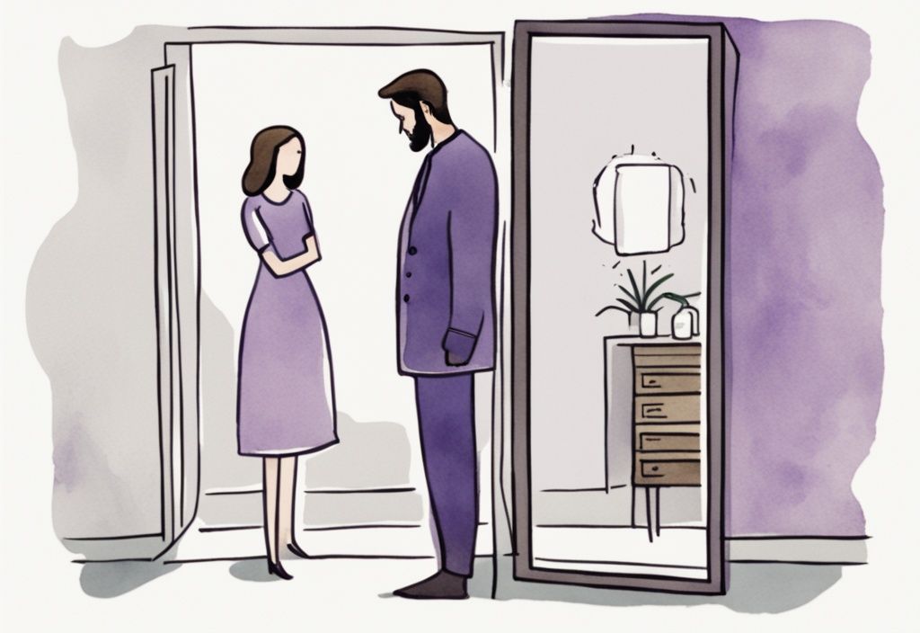 Minimalistic watercolor illustration of emotionally drained man and indifferent wife admiring herself in mirror, lavender color theme