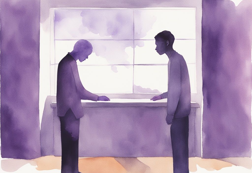 Minimalistic watercolor illustration depicting signs a narcissist is done with you through strained communication, disinterest, emotional withholding, and indifference in a tensely lit room.