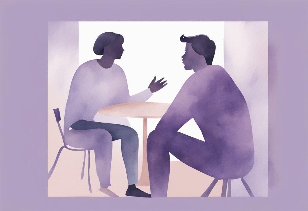 Minimalistic watercolor illustration of a confident person calmly and assertively conversing with a vain, self-absorbed individual, depicting how to make a narcissist respect you, with a lavender color theme.