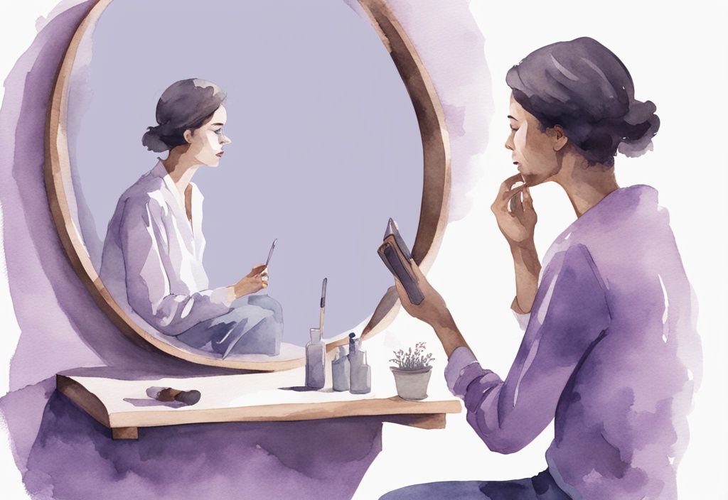 Minimalistic lavender watercolor illustration of a person gazing at their reflection in a mirror.