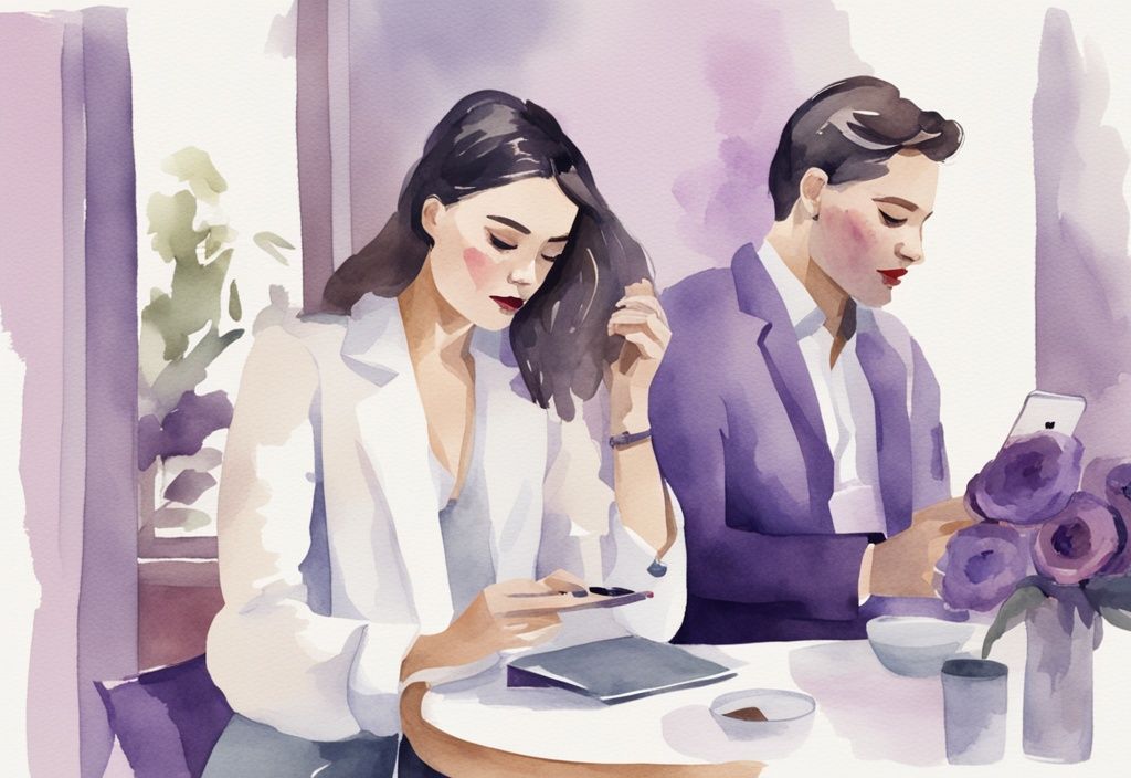 Minimalistic watercolor illustration of a stylish woman secretly texting while her unsuspecting partner is in the background, highlighting female narcissist cheating patterns.