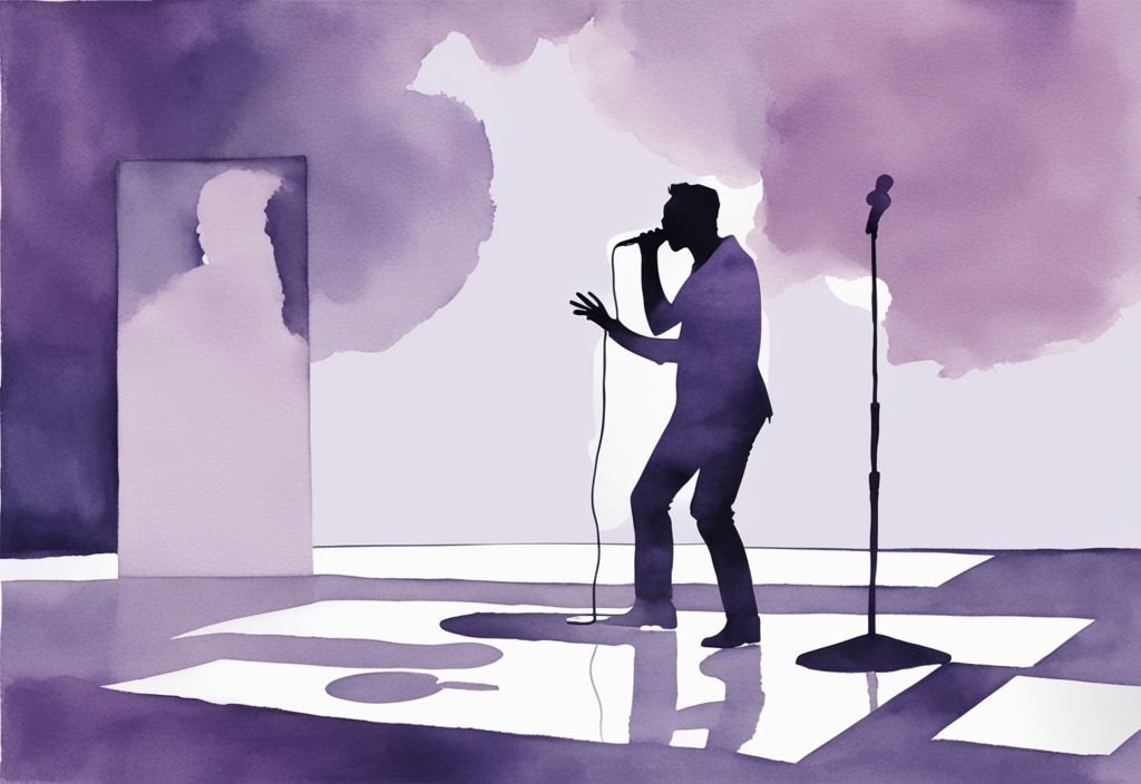 Minimalistic watercolor illustration of a singer on stage with a mirrored reflection, themed in lavender, representing songs about narcissism.