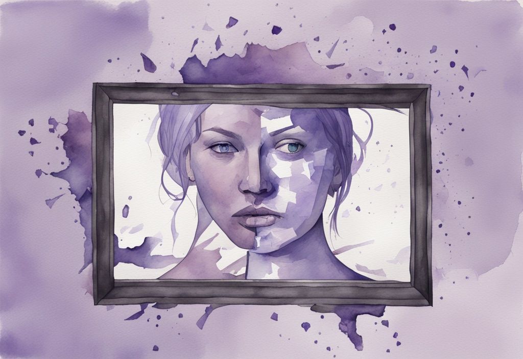 Minimalistic lavender watercolor illustration of a shattered mirror reflecting distorted self-images with quotes on narcissistic mental abuse.