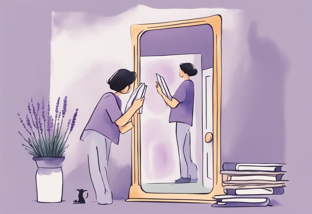 Minimalistic watercolor illustration of a stylish person admiring their reflection in a mirror, holding self-improvement and self-love books, lavender color theme.