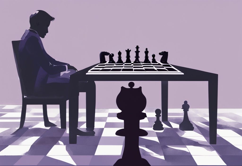 Minimalistic lavender watercolor illustration of a shadowy figure manipulating a chess game, symbolizing covert narcissist cheating patterns.