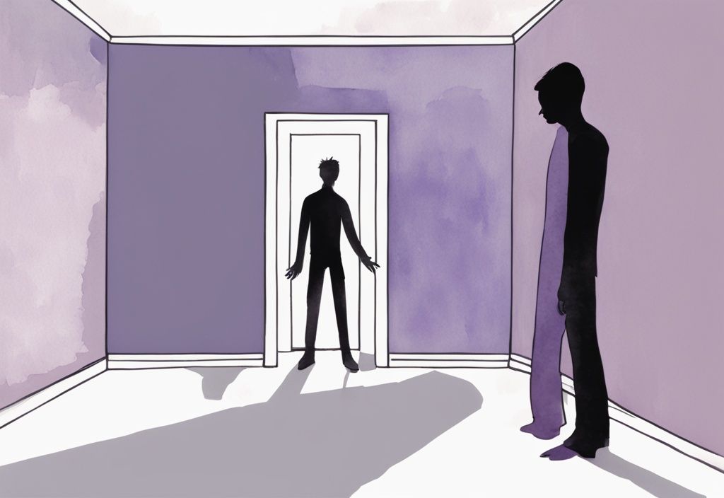 Minimalistic watercolor illustration of a menacing figure towering over a frightened person in a shadowy room, with lavender theme, highlighting a smirk, dismissive hand gesture, and intense gaze.