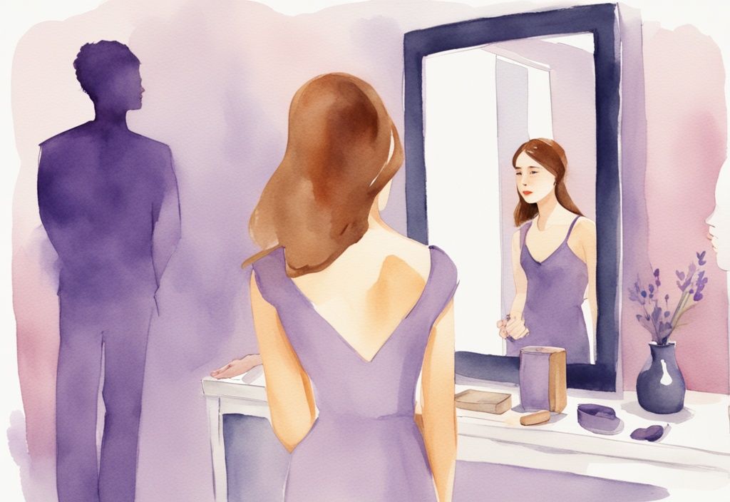 Minimalistic lavender watercolor illustration of a woman admiring herself in a mirror while her husband tries to get her attention in the background