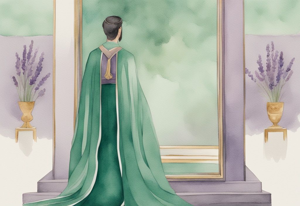 Minimalistic watercolor illustration of a jade narcissist royal figure in deep jade robes, smiling at their reflection in a mirror, with a lavender color theme.