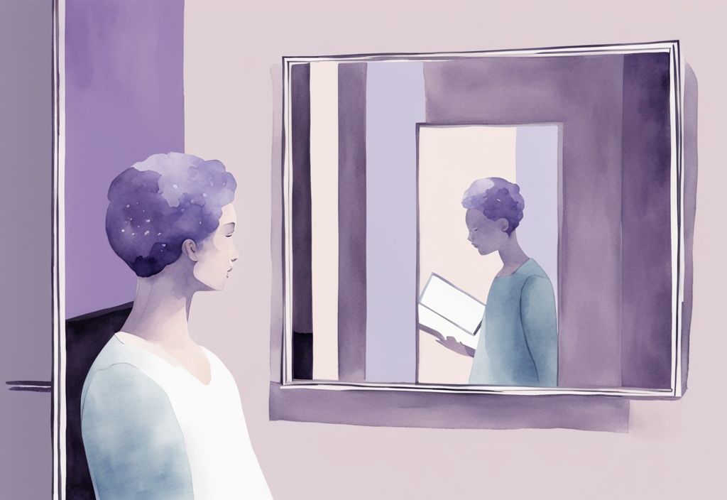 Minimalistic lavender watercolor illustration of a grandiose reflection in a mirror with a puzzled smaller reflection in a handheld mirror