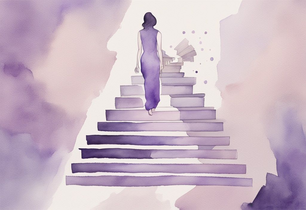 Minimalistic watercolor illustration of a person ascending a lavender-themed staircase labeled with the 4 key stages of healing after narcissistic abuse.