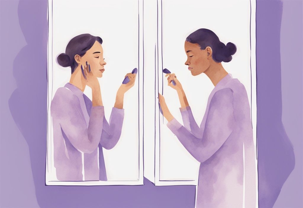 Minimalistic lavender watercolor illustration of a confident person communicating with another, whose mirror reflection shows a preening, self-obsessed image.