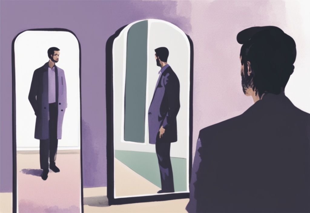 Minimalistic watercolor illustration of a man admiring his reflection in a full-length mirror, ignoring people around, lavender color theme