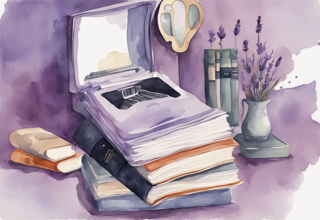 Minimalistic lavender watercolor illustration of novels with characters reflecting in mirrors