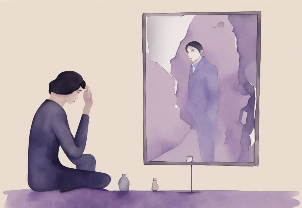 Minimalistic watercolor illustration of a figure holding a cracked mirror reflecting a saddened person and a narcissistic person, depicting devaluation scenario, lavender color theme