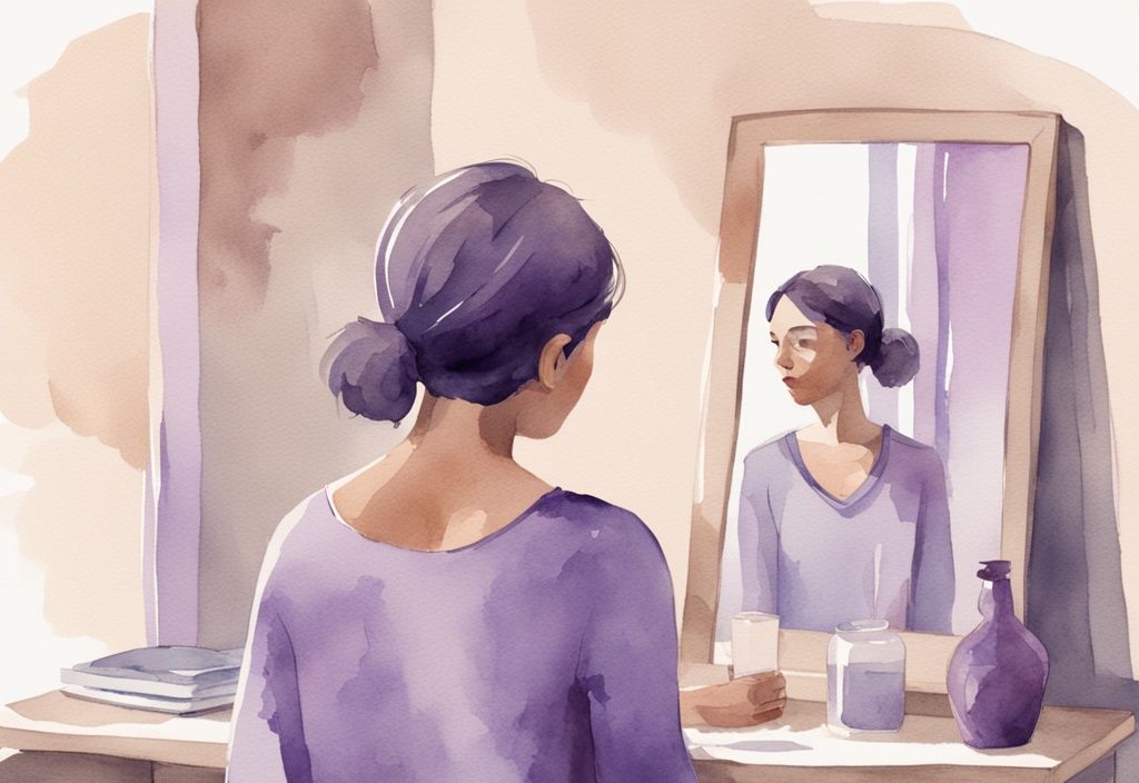 Minimalistic watercolor illustration of a woman gazing at her reflection in a mirror with a distressed sibling in the background, lavender color theme