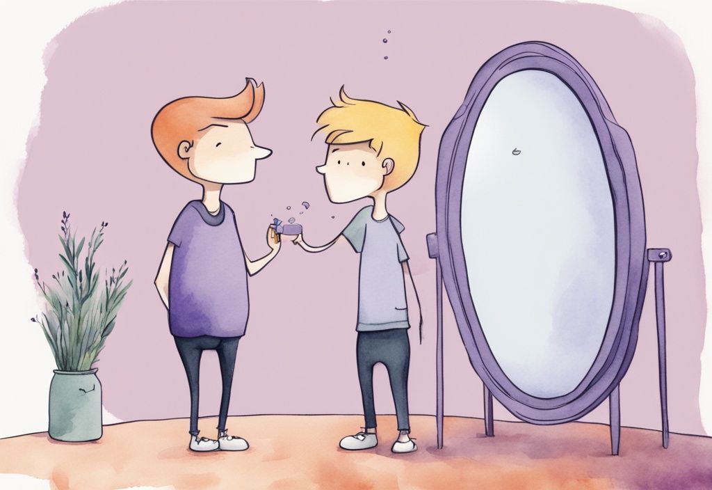 Minimalistic lavender watercolor cartoon: character holding giant mirror to narcissist with humorous sarcastic quote in speech bubble.