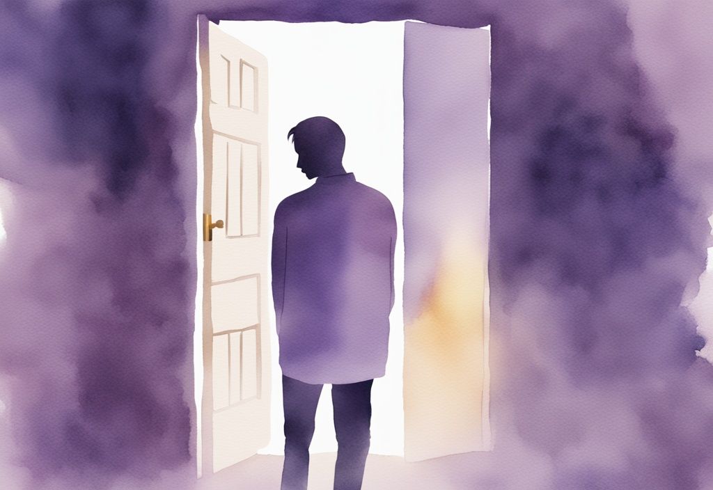 Minimalistic watercolor illustration of a person in a dimly lit room with light pouring in from an open door, am I emotionally unavailable theme in lavender colors.