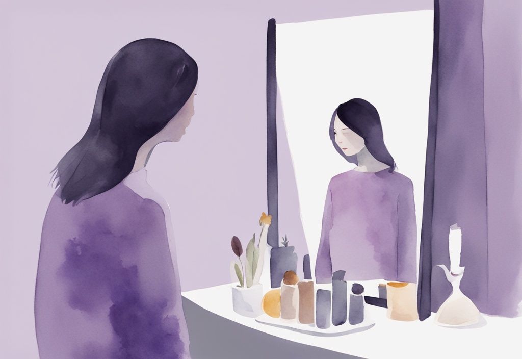 Minimalistic watercolor illustration of a person gazing at their reflection in a mirror, lavender color theme