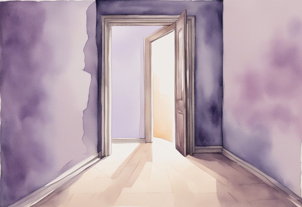 Minimalistic lavender watercolor illustration of an empty room with an open door and a distant figure approaching, symbolizing do narcissists come back after discard.