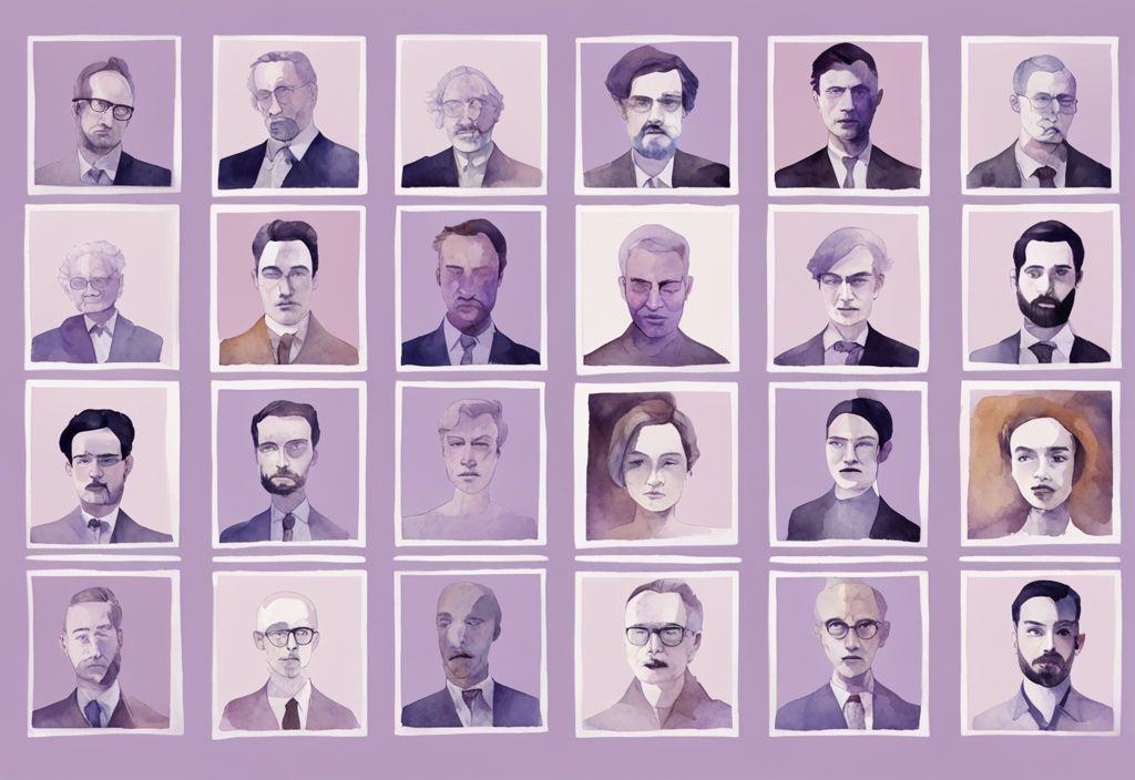 Minimalistic lavender watercolor collage of famous personalities with symbols of narcissistic personality disorder