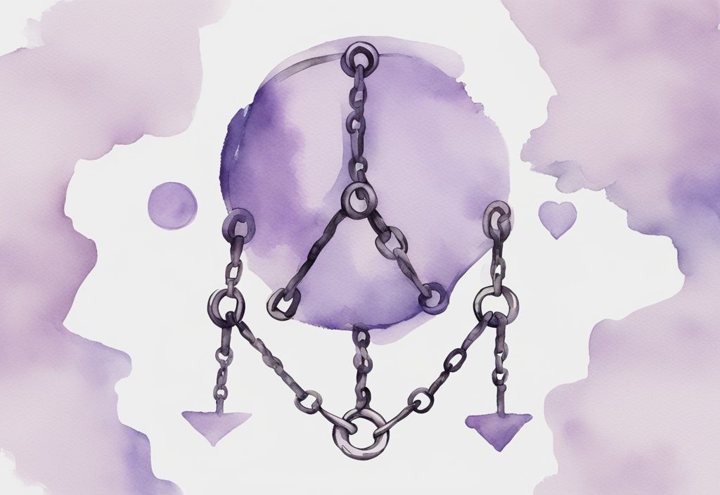 Minimalistic lavender watercolor illustration of a broken chain symbolizing toxic motherhood with eight links depicting signs like criticism, manipulation, emotional neglect, and excessive control.