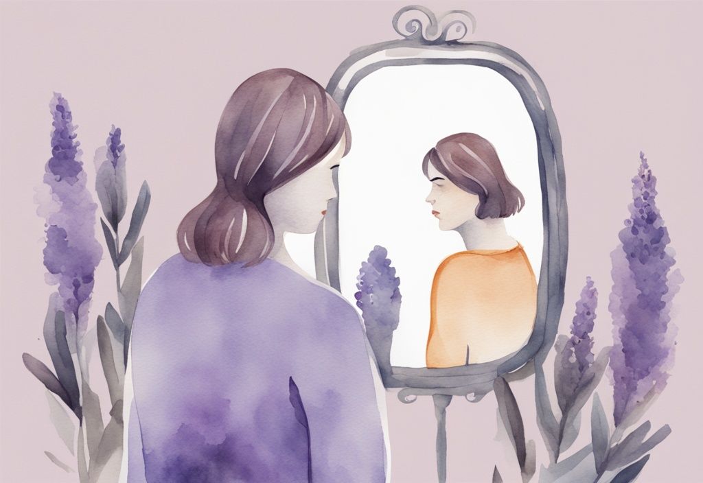 Minimalistic lavender watercolor illustration of a narcissist admiring themselves in a mirror, oblivious to danger signs around them; signs a narcissist is going to kill you.