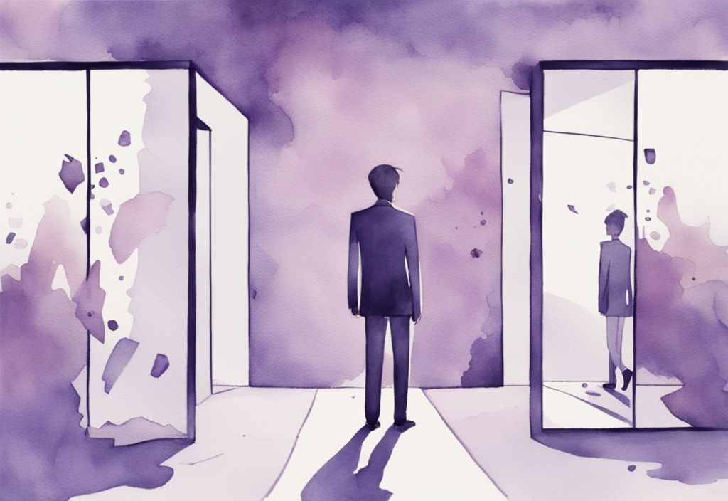 Minimalistic lavender watercolor illustration of a shattered mirror reflecting a person walking away, symbolizing narcissist discarding their own image.