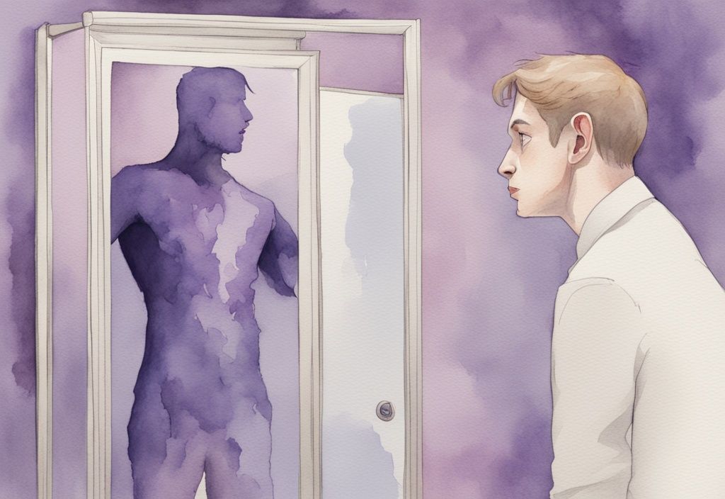 Minimalistic watercolor illustration of a narcissist's fear of exposure, showing a character shrinking from a spotlight with a monstrous reflection in a mirror.