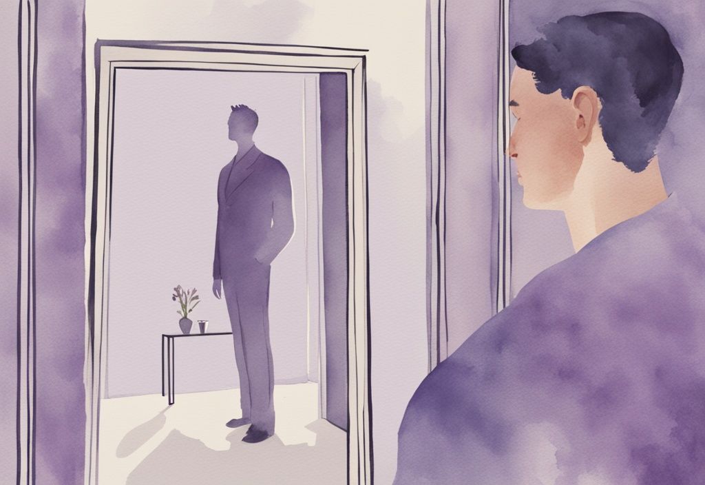 Minimalistic lavender watercolor illustration of a man gazing at his reflection in a mirror, ignoring a woman reaching out in the background.