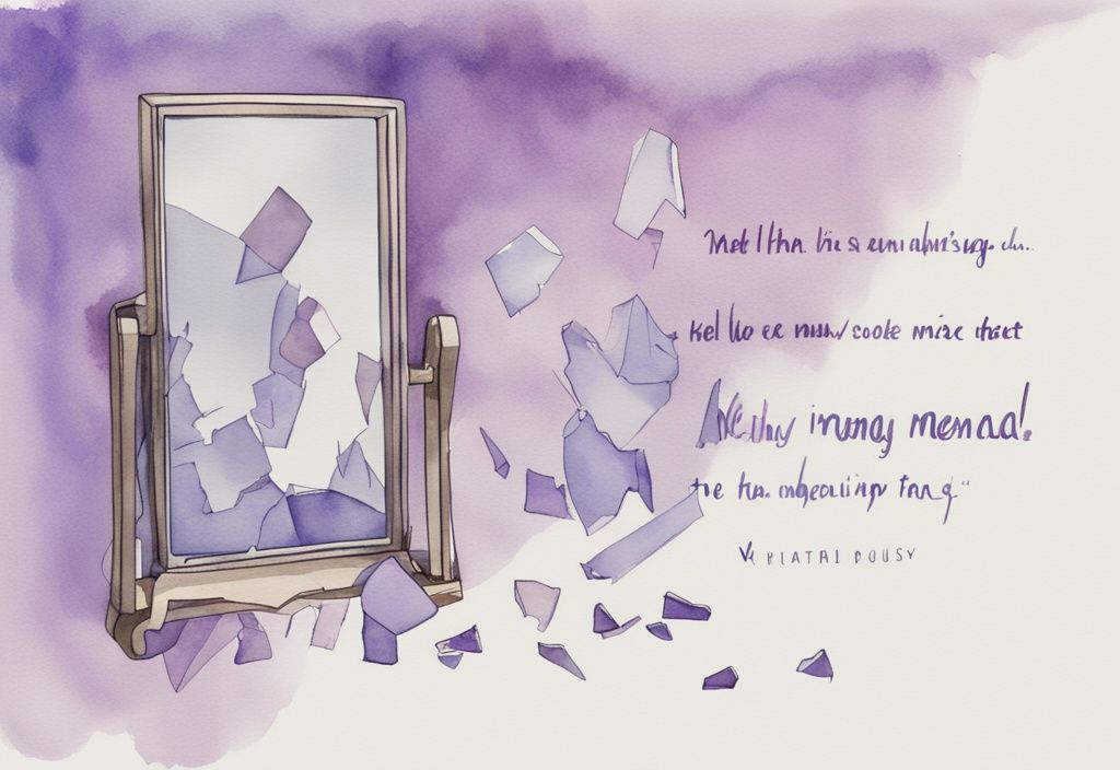 Minimalistic watercolor illustration of a shattered mirror with abusive quotes reflecting narcissist mental abuse quotes on broken pieces, main color theme lavender.