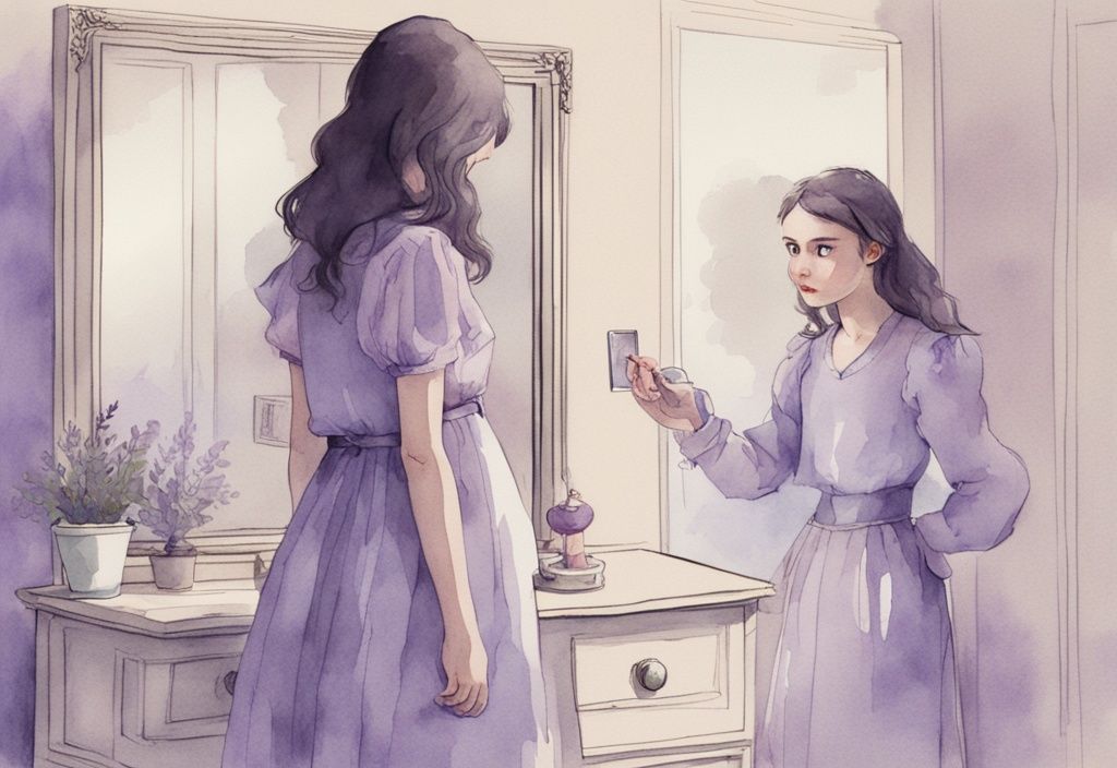 Minimalistic watercolor illustration of a narcissistic sister admiring her reflection in a mirror while her annoyed younger sister watches in the background, lavender color theme.