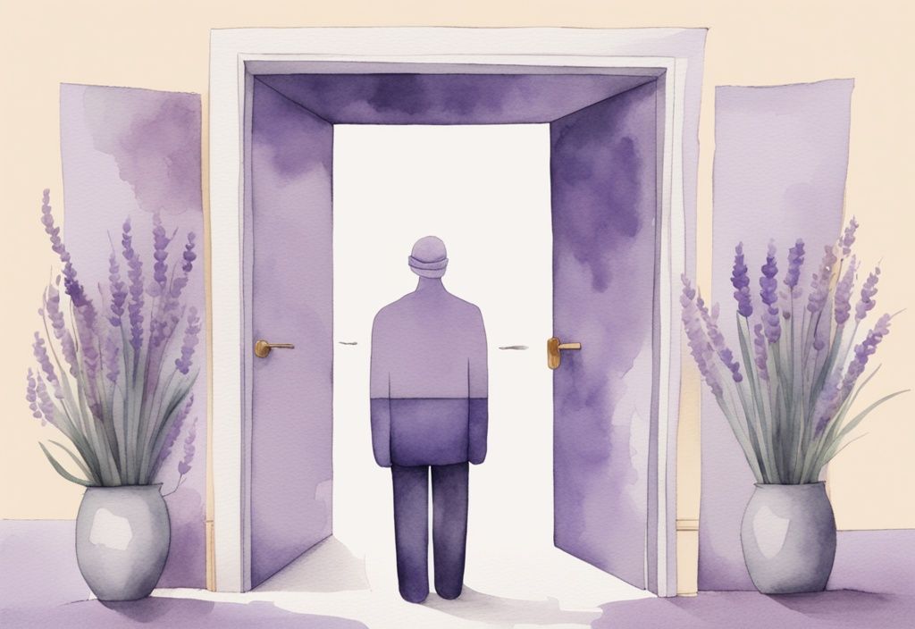 Minimalistic watercolor illustration of a masked figure moving covertly between doors, symbolizing narcissist cheating patterns and deceit.