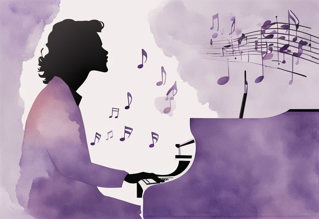 Minimalistic lavender watercolor illustration of a mirror reflecting a musician's silhouette with scattered sheet music morphing into self-admiring expressions.