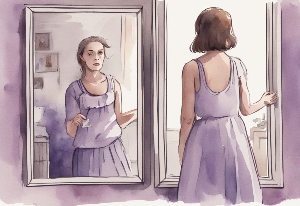 Minimalistic watercolor illustration of a narcissistic sister extravagantly dressed, admiring her reflection in a mirror, with her annoyed younger sister in the background.