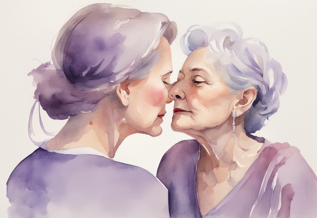 Minimalistic lavender watercolor illustration of an older woman whispering to a flustered younger woman, with a mirror reflecting the older woman's self-absorbed expression.