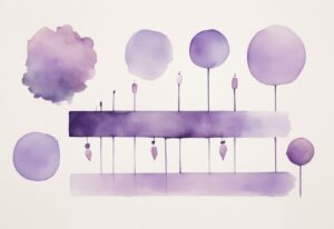 Minimalistic watercolor illustration in lavender showing the stages of divorcing a narcissist with symbolic images for shock, denial, anger, bargaining, testing, and acceptance.