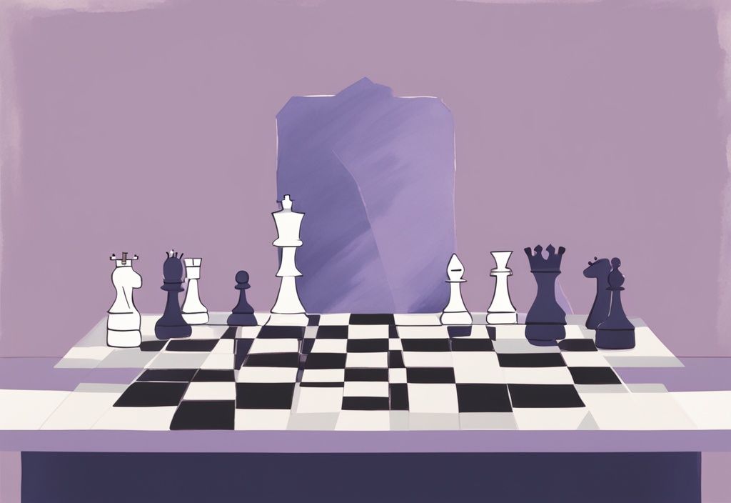 Minimalistic lavender watercolor illustration of a chess game in a mirror, depicting how to outsmart a narcissist with one player smirking while the opponent subtly directs the game from the shadows.