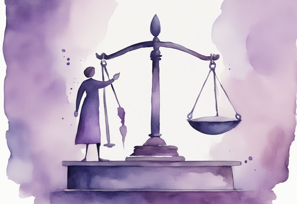 Minimalistic watercolor illustration of a tipped balance scale in lavender theme with a gavel, confident figure, and flustered crowned narcissist.