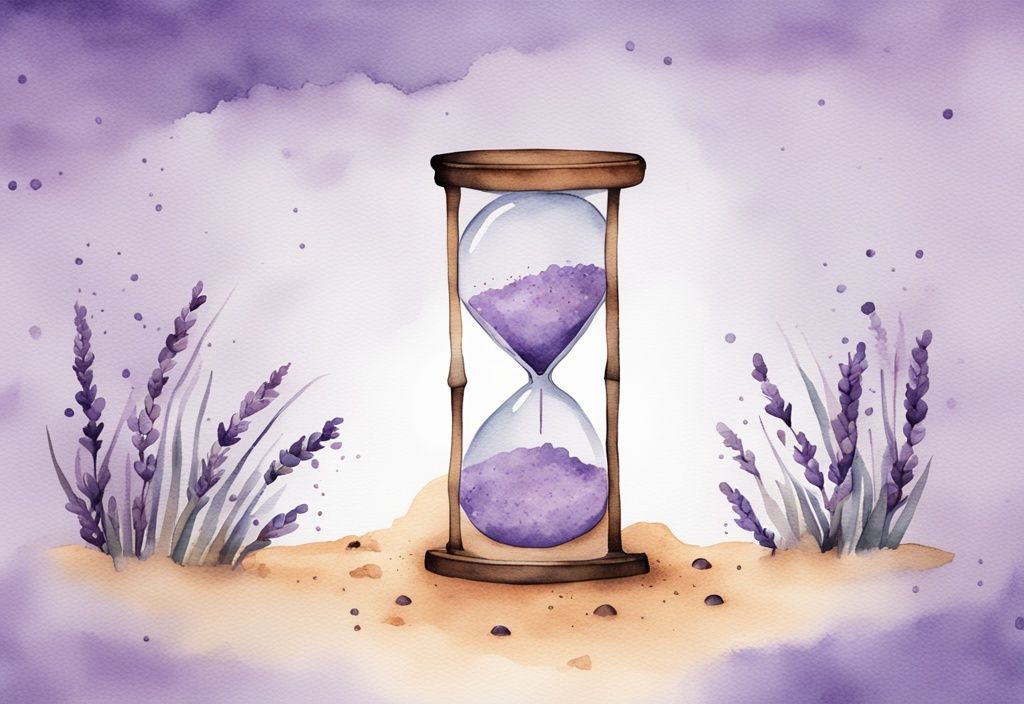 Minimalistic lavender watercolor illustration of a burning hourglass with glowing grains of sand representing intense passage of time.