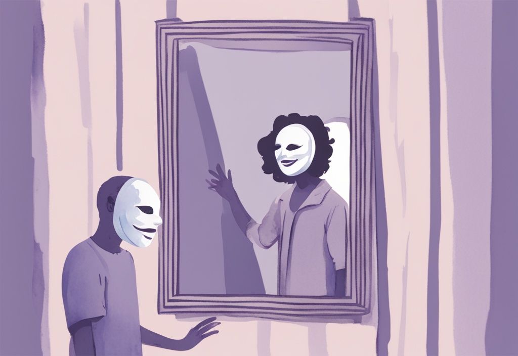 Minimalistic lavender watercolor illustration of a person removing a smiling mask to reveal a terrified face in a mirror.