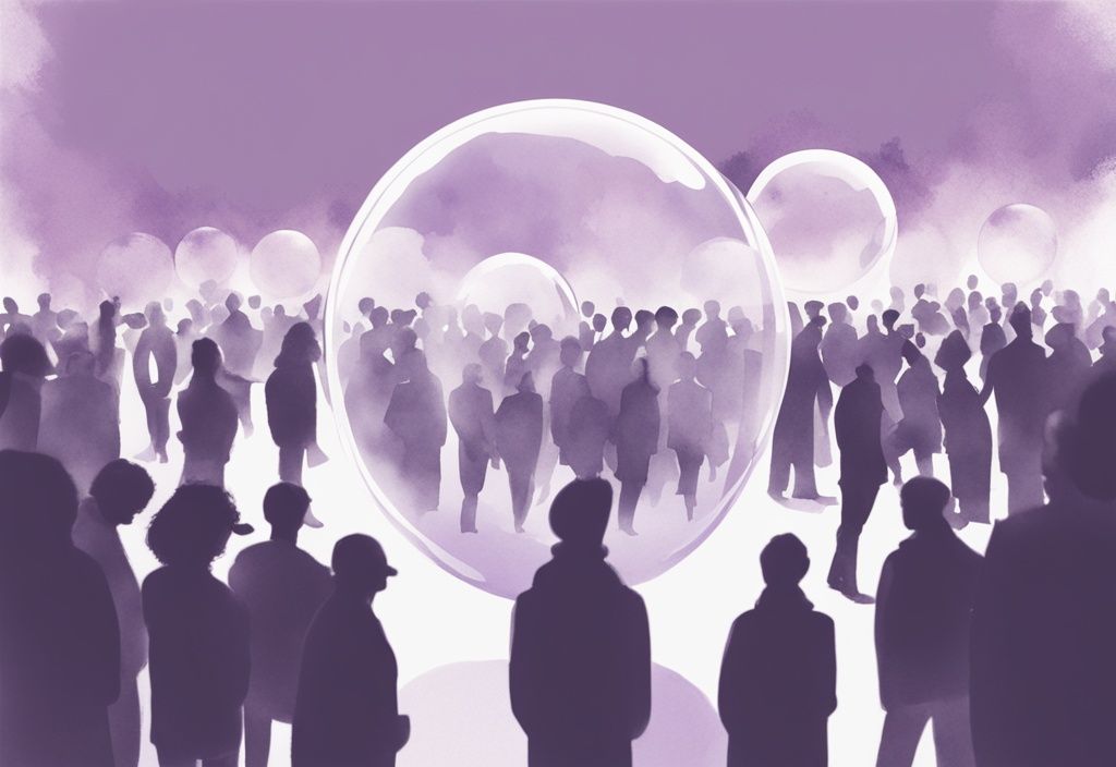 Minimalistic watercolor illustration of a person in a transparent bubble in a vibrant crowd, symbolizing emotional unavailability, with a serene lavender backdrop.