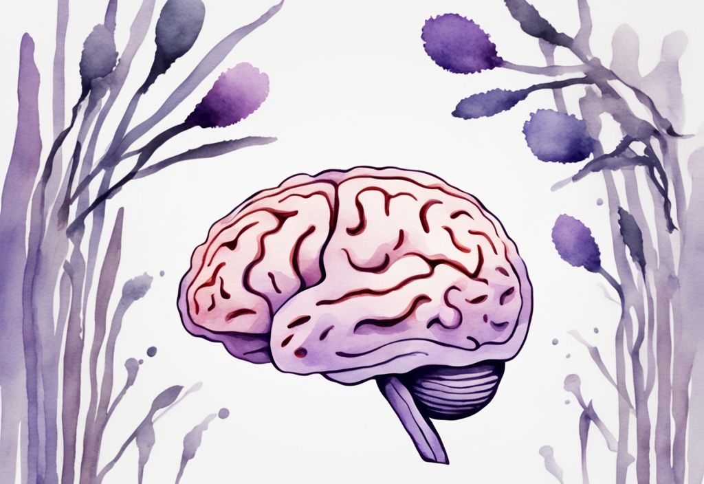 Minimalistic watercolor illustration of a human brain in lavender with highlighted areas and ripple effects indicating damage.