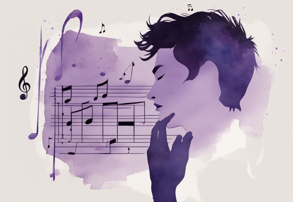 Minimalistic lavender watercolor illustration of a mirror reflecting a musician's silhouette with scattered sheet music transforming into self-admiring expressions.