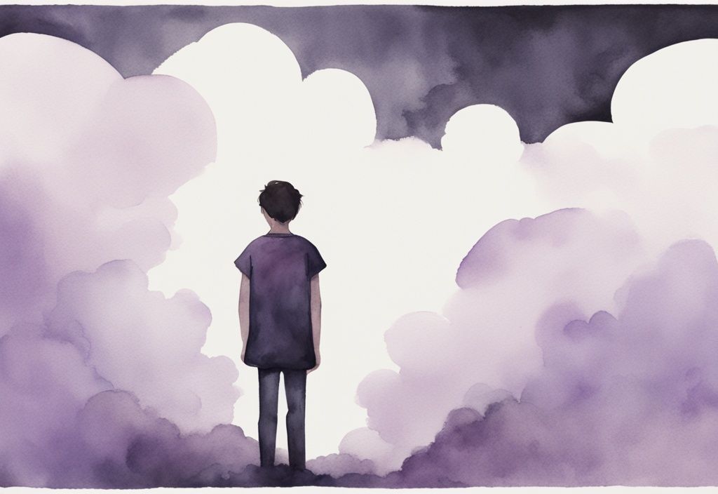 Minimalistic watercolor illustration of a young individual looking at 8 dark clouds symbolizing 8 signs you were raised by a toxic mother.